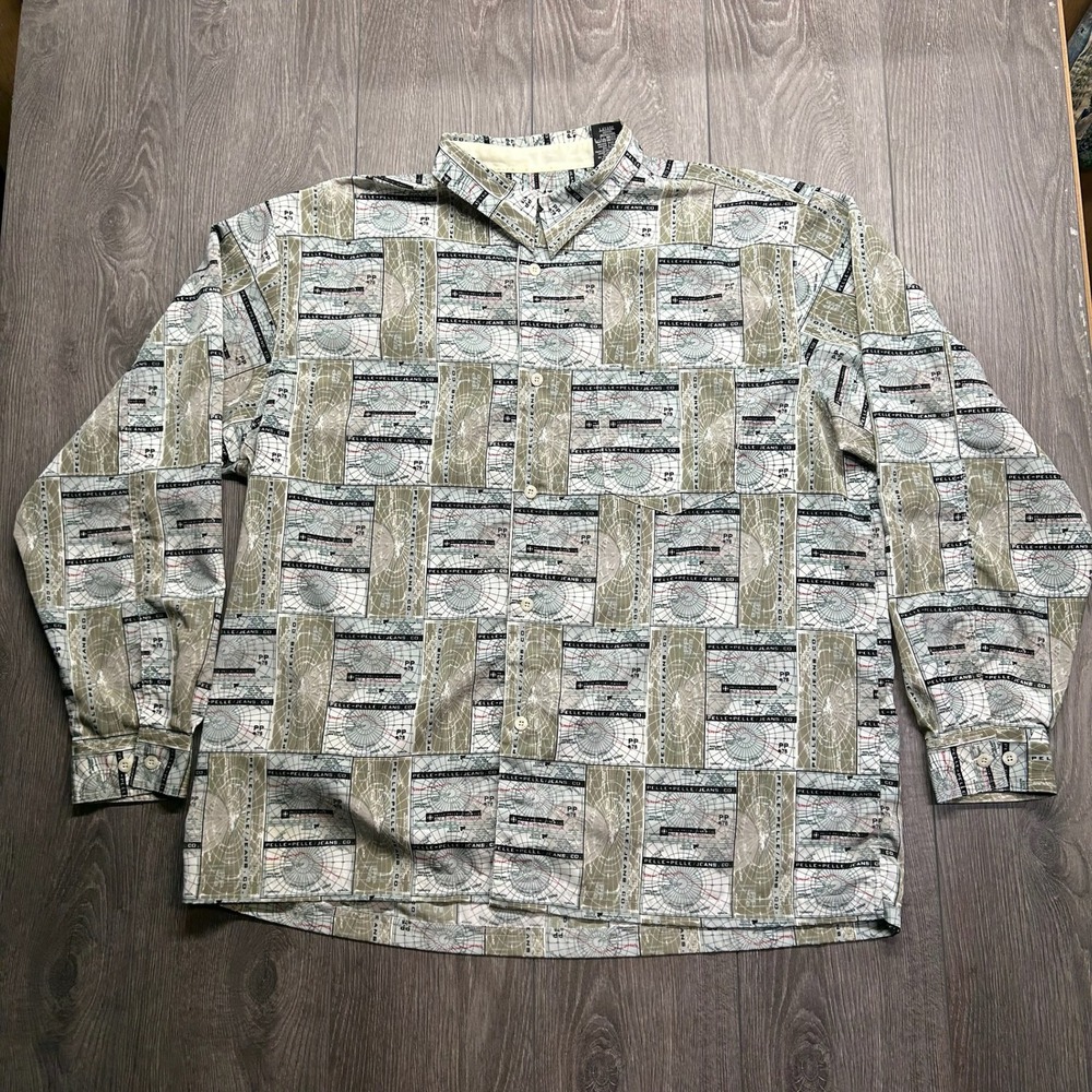 Vintage Pelle Pelle Marc Buchanan Map Print Shirt Mens XL Long Sleeve Earth Tone